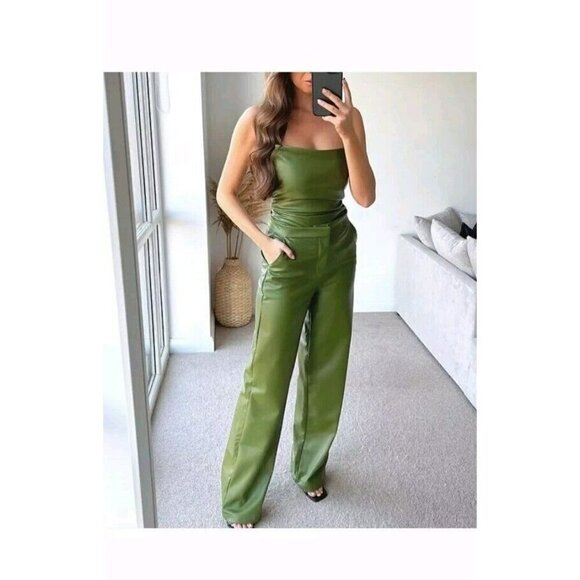 Zara Faux Leather Blazer Jacket Olive Green Size M 4432 740 - Picture 9 of 11